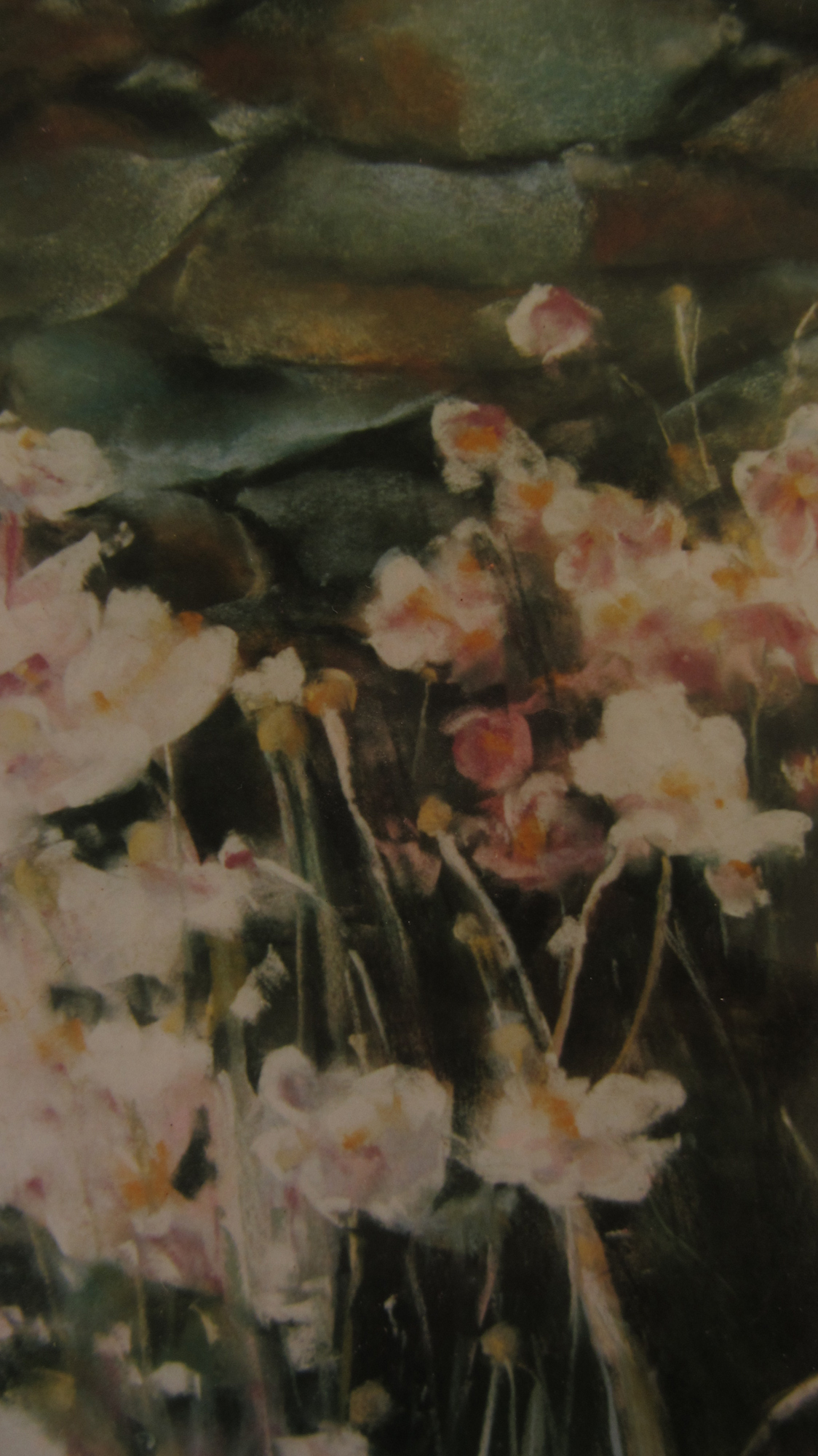 Fleurs et pierres - Peinture au pastel sec par Isabelle Douzamy - 30x40cm