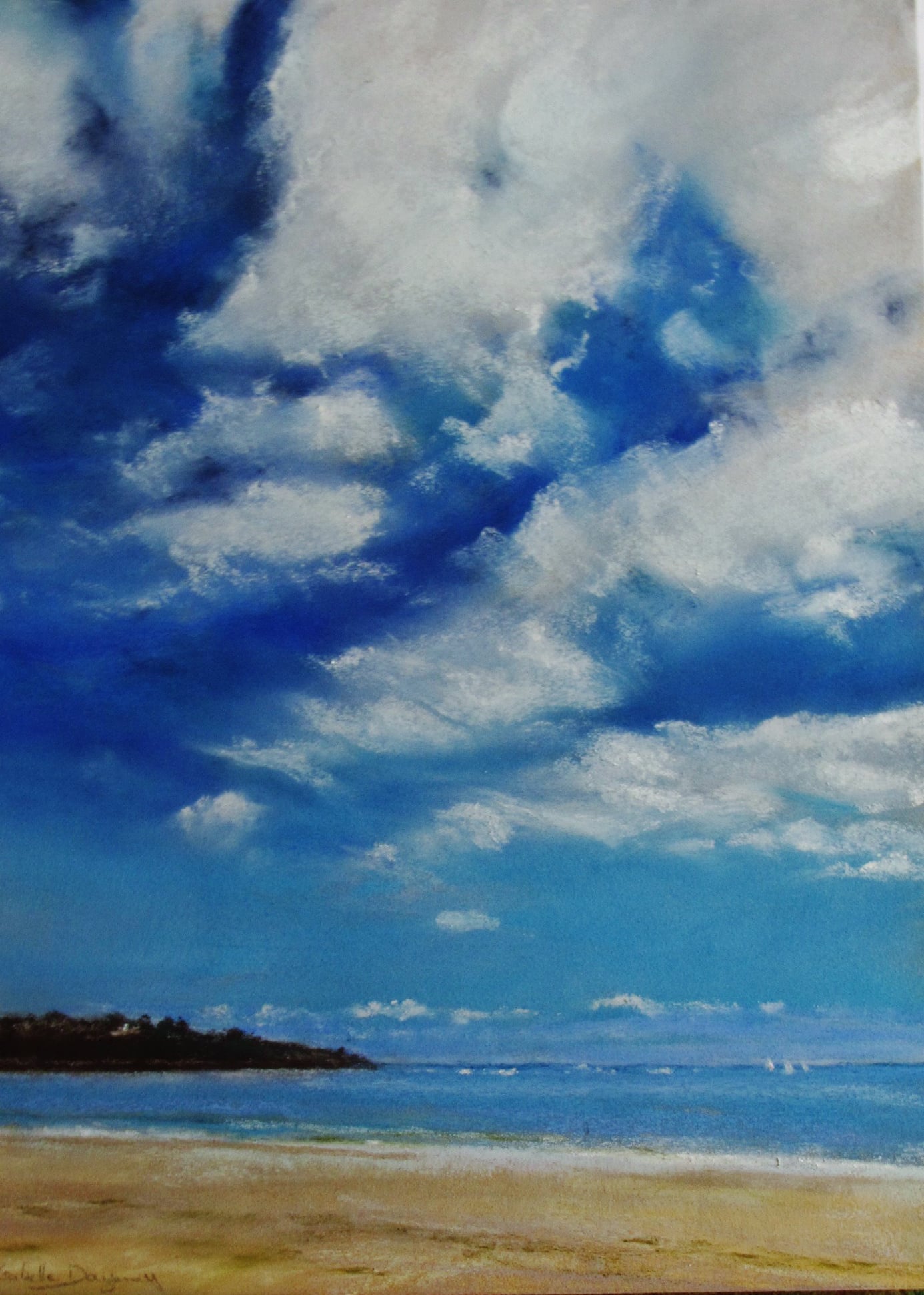 Ambiance bleutée à la plage de Pen Guen à Saint-Cast-Le-Guildo - Peinture au pastel sec par l'artiste peintre Isabelle Douzamy - 40x50 cm (encadré)