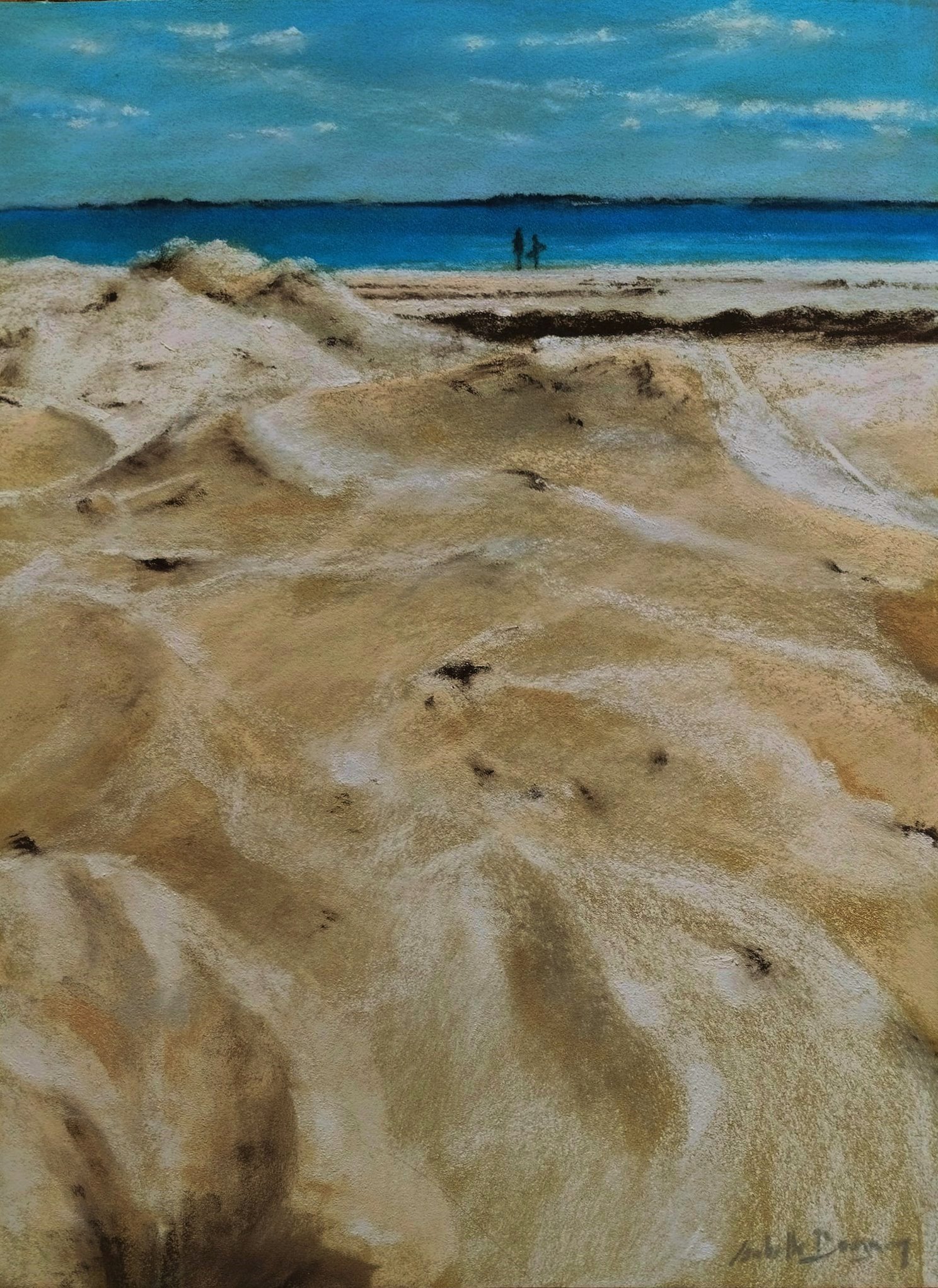 Ambiance de Septembre à la grande plage de Saint-Cast-le-Guildo - Peinture au pastel sec par l'artiste peintre Isabelle Douzamy - 47 x 57 cm (encadré)