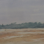 Ambiance de brume à la grande plage de Saint-Cast - Peinture au pastel sec par l'artiste peintre Isabelle Douzamy - 95x35 cm (encadré)