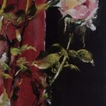 Ambiance de rose aux écuries du Haras de Lamballe - peinture au pastel sec par l'artiste peintre Isabelle Douzamy - 27.5 x 54.5 cm (encadré)