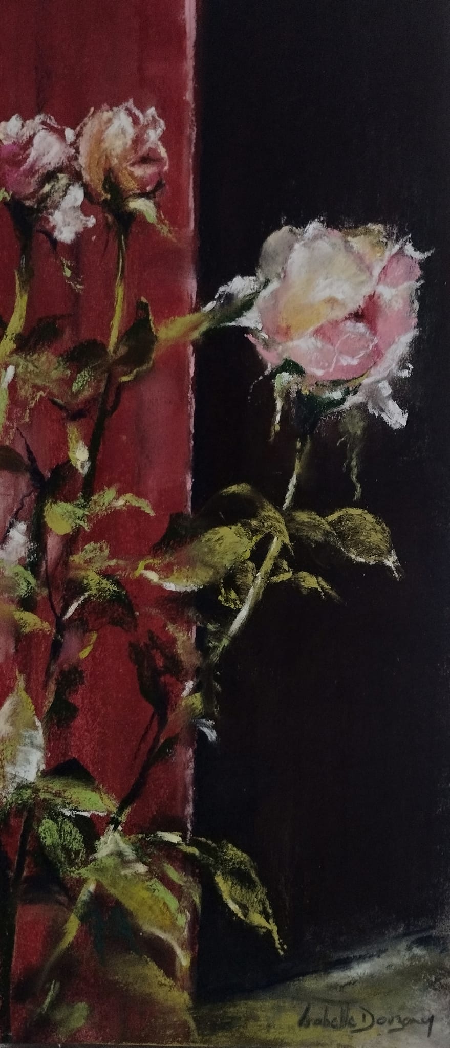 Ambiance de rose aux écuries du Haras de Lamballe - peinture au pastel sec par l'artiste peintre Isabelle Douzamy - 27.5 x 54.5 cm (encadré)