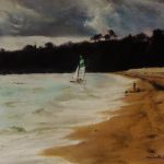Ambiance de voile sur la plage de Saint-Cast-Le-Guildo - Peinture au pastel sec par l'artiste peintre Isabelle Douzamy - 66 x 50.5 cm (encadré)
