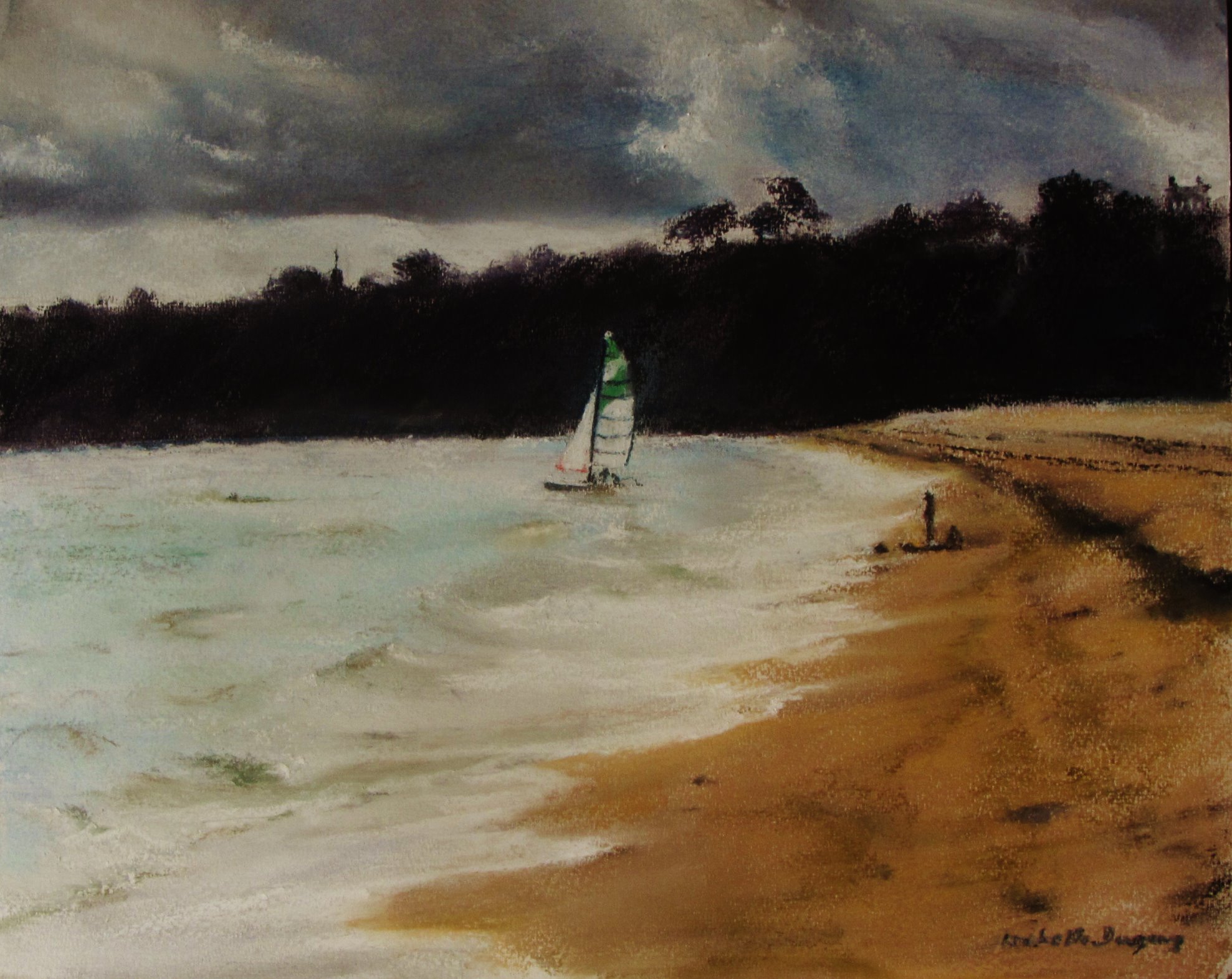 Ambiance de voile sur la plage de Saint-Cast-Le-Guildo - Peinture au pastel sec par l'artiste peintre Isabelle Douzamy - 66 x 50.5 cm (encadré)