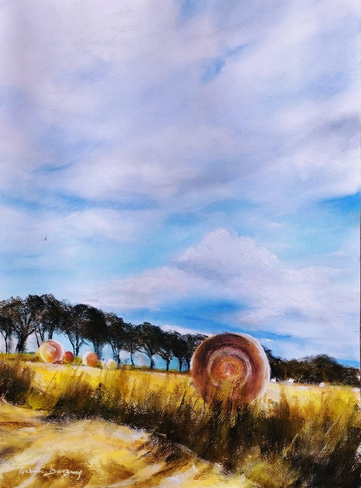 Ambiance dorée dans les champs à Saint-Cast-Le-Guildo - Peinture au pastel sec par l'artiste peintre Isabelle Douzamy - Grand format 92 x 72 cm (encadré)