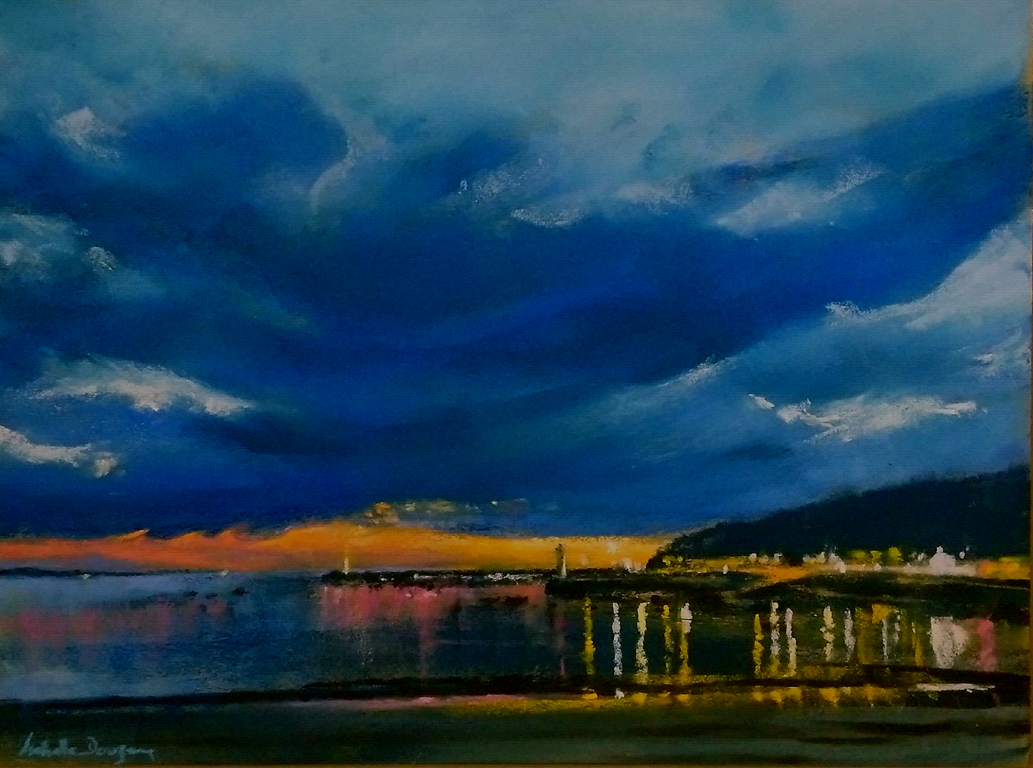 Ambiance du soir Port d'Erquy - Peinture au pastel sec par l'artiste peintre Isabelle Douzamy - 40x50 cm - encadré