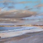 Ambiance poudrée à la plage du Sillon à St Malo - Peinture au pastel sec par l'artiste peintre Isabelle Douzamy - Panoramique 40x102 cm (encadré)
