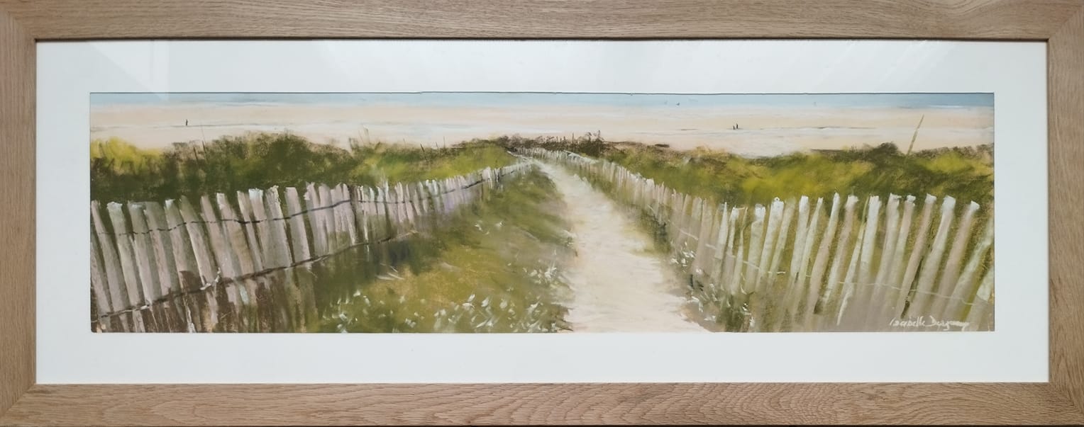 Ambiance sauvage à la grande plage de Saint-Cast-Le-Guildo - Peinture au pastel sec par l'artiste peintre Isabelle Douzamy - Format panoramique 40 x 102 cm (encadré)