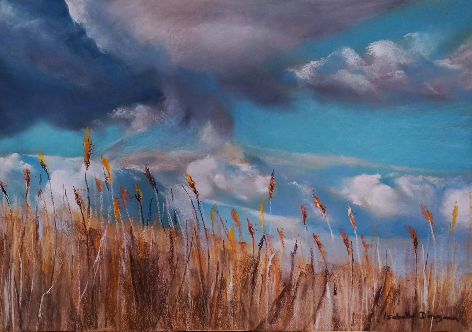Atmosphère bretonne dans le champ de blé - Peinture au pastel sec par l'artiste peintre Isabelle Douzamy - 39x54.5 cm (encadré)