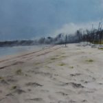 Brume à la grande plage de Saint-Cast-Le-Guildo - Peinture au pastel sec par l'artiste peintre Isabelle Douzamy - 70 x 50 cm (encadré)