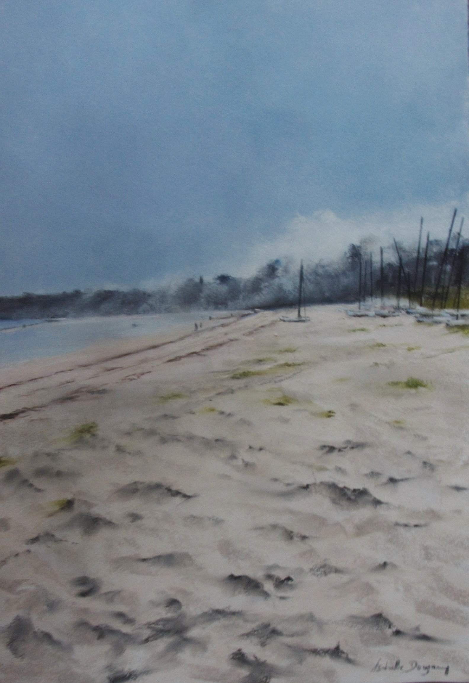 Brume à la grande plage de Saint-Cast-Le-Guildo - Peinture au pastel sec par l'artiste peintre Isabelle Douzamy - 70 x 50 cm (encadré)