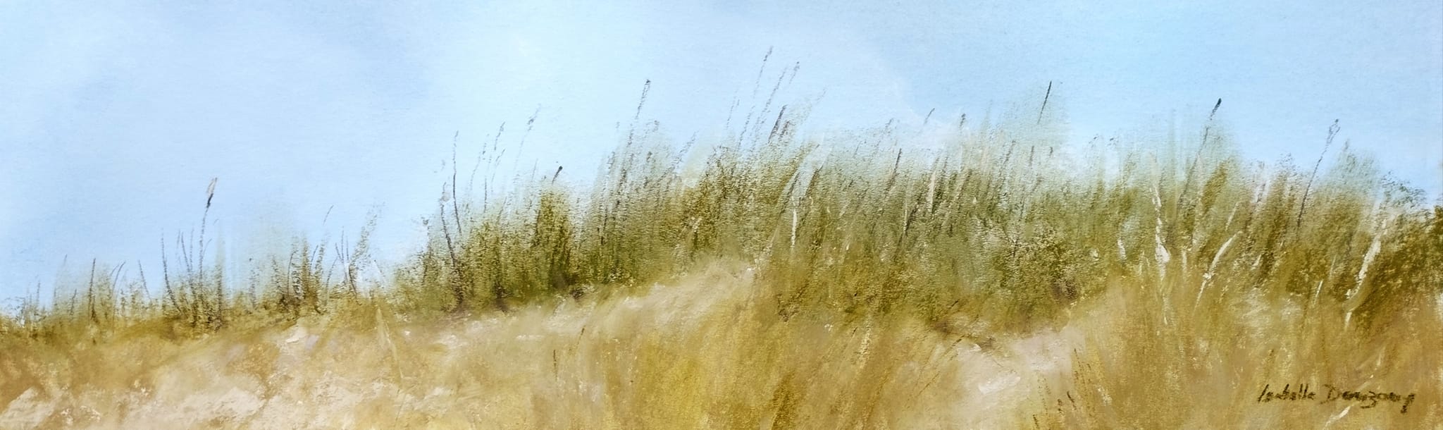 Herbes folles dans les dunes à Saint-Cast-Le-Guildo - peinture au pastel sec par l'artiste peintre Isabelle Douzamy - format panoramique 35 x 95 cm (encadré)