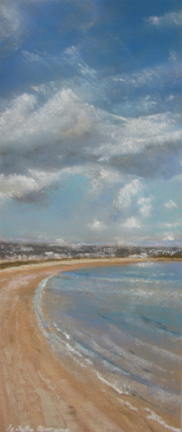 La grande plage des Mielles à St-Cast - Peinture au pastel sec par l'artiste peintre Isabelle Douzamy - 30x57 cm