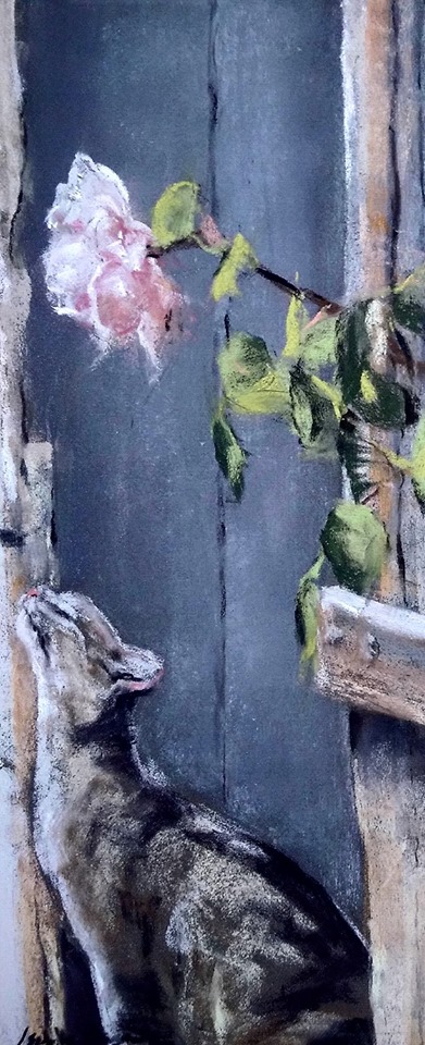 Le Chat - Peinture au pastel sec par l'artiste peintre Isabelle Douzamy - 30x57cm encadré
