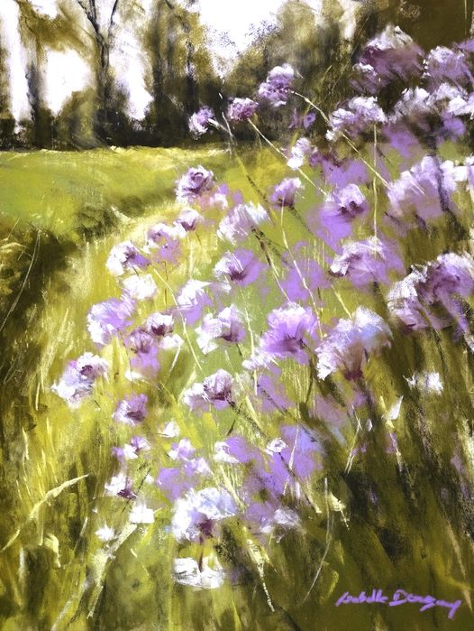 Le chemin des fleurs de phacélie à Matignon - Peinture au pastel sec par l'artiste peintre Isabelle Douzamy - 47 x 57 cm (encadré)
