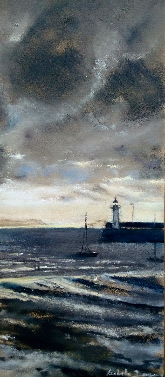 Le phare d'Erquy - Peinture au pastel sec par l'artiste peintre Isabelle Douzamy - 30x57 cm (encadré)