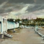 Les cabines d'Ar Vro à la plage de Saint Cast Le Guildo - Peinture au pastel sec par l'artiste peintre Isabelle Douzamy - 47 x 57 cm (encadré)
