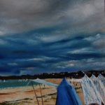 Les tentes sur la plage de Saint-Cast-Le-Guildo - Peinture au pastel sec par l'artiste peintre Isabelle Douzamy - 40x50 cm (encadré)