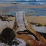 Littérature balnéaire un jour de septembre sur la plage de Saint-Cast-Le-Guildo - Peinture au pastel sec par l'artiste peintre Isabelle Douzamy - 47 x 57 cm (encadré)