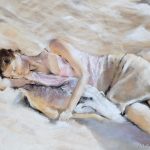 Mallory sur la plage de Saint Cast Le Guildo - Peinture au pastel sec par l'artiste peintre Isabelle Douzamy - 73 x 53 cm (encadré)