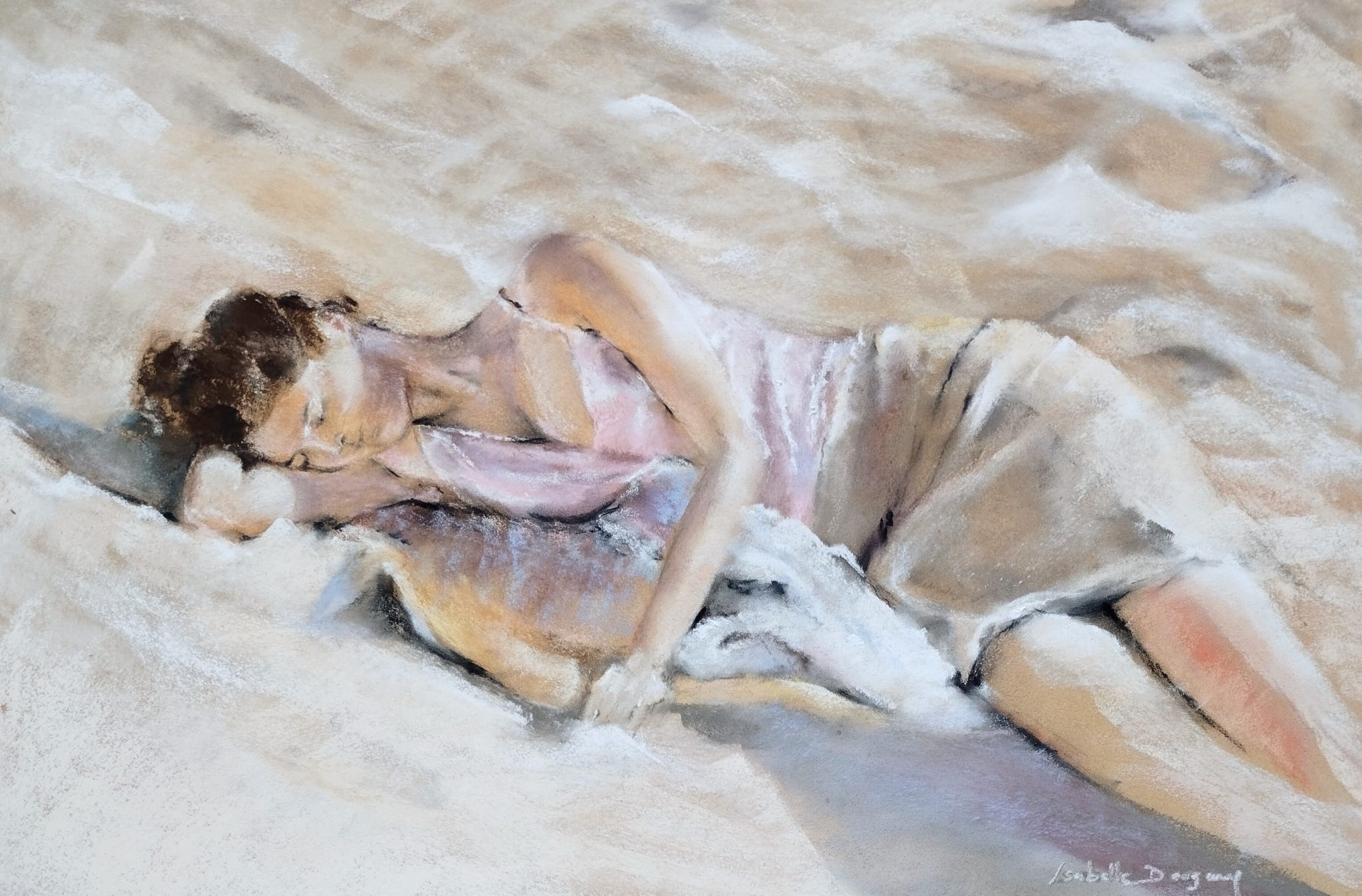 Mallory sur la plage de Saint Cast Le Guildo - Peinture au pastel sec par l'artiste peintre Isabelle Douzamy - 73 x 53 cm (encadré)