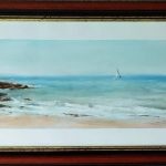 Plage de la mare à Saint-Cast-Le-Guildo - Vue sur le Fort la Latte - Peinture au pastel sec par l'artiste peintre Isabelle Douzamy - Format panoramique - 41 x 102 cm (encadré)