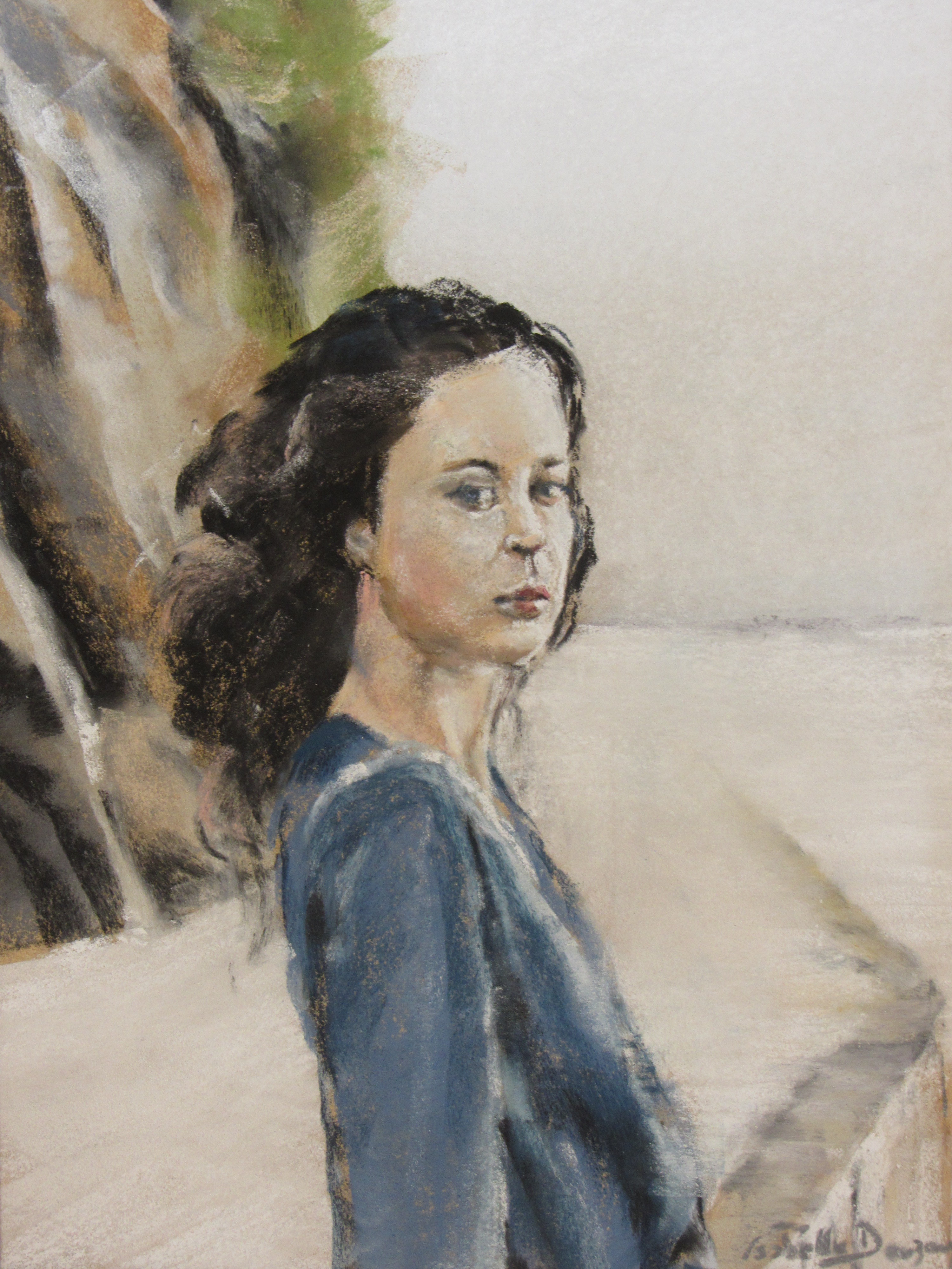 Portrait jeune fille sur la promenade du port plage des Mielles à Saint-Cast - Peinture au pastel sec - 30x40 cm