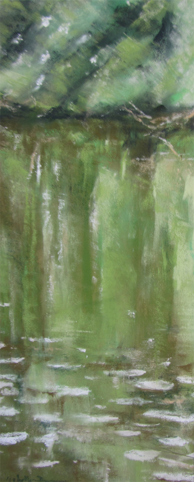Reflets sur l'étang de Beaulieu - Peinture au pastel sec par l'artiste peintre Isabelle Douzamy - 57x30 cm